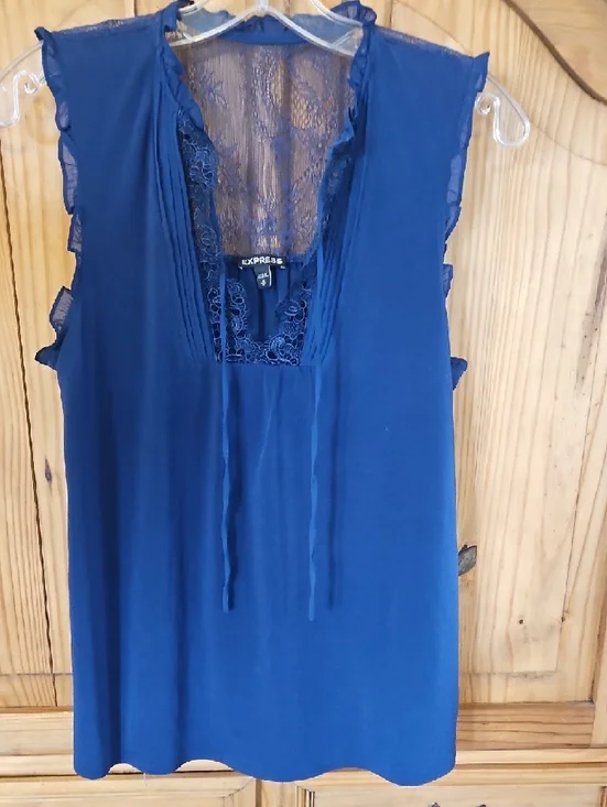 Express Navy Blue Lace-Back V-Neck Sleeveless Blouse - Picture 3 of 3